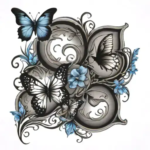 infinity symbol, incorporate the following  7.22.10, paw print, 3 small black crows chasing small blue butterfly tattoo design idea