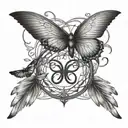 infinity with ather, include date 7.22.10, include a paw print, include 3 small black crows chasing small blue butterfly tattoo design idea