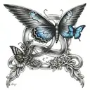 infinity with ather, include date 7.22.10, include a paw print, include 3 small black crows chasing small blue butterfly tattoo design idea