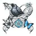 infinity with ather, include date 7.22.10, include a paw print, include 3 small black crows chasing small blue butterfly tattoo design idea
