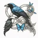 infinity with ather, include date 7.22.10, include a paw print, include 3 small black crows chasing small blue butterfly tattoo design idea