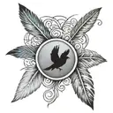 infinity feather, include date 7.22.10, include a paw print, include 3 small black crows chasing small blue butterfly tattoo design idea