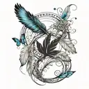 infinity feather, include date 7.22.10, include a paw print, include 3 small black crows chasing small blue butterfly tattoo design idea