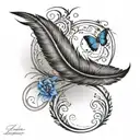 infinity feather, include date 7.22.10, include a paw print, include 3 small black crows chasing small blue butterfly tattoo design idea
