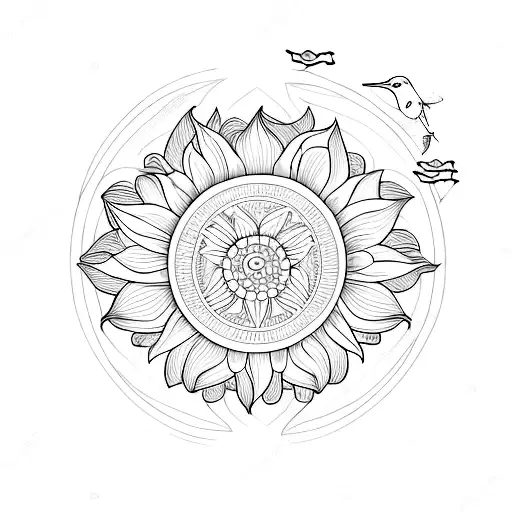 A delicate sunflower with a hummingbird hovering above it, surrounded by intricate linework. tattoo design idea