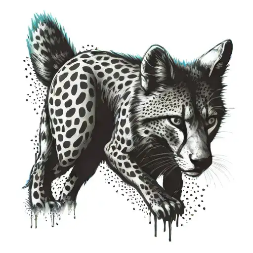 A hybrid creature combining the features of a cheetah and a coyote, symbolizing survival in a post-apocalyptic world tattoo design idea