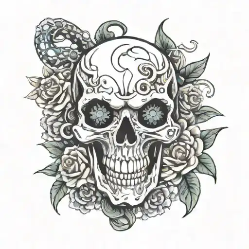 A skull with anime-style eyes surrounded by flowers and snakes tattoo design idea