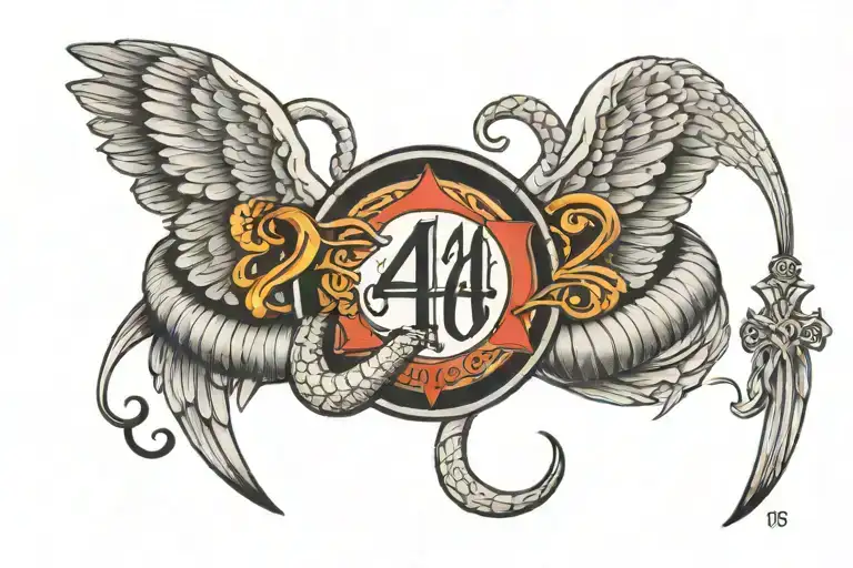 angel's wings with a cobra wrapped around the wings and a number "444" tattoo design idea