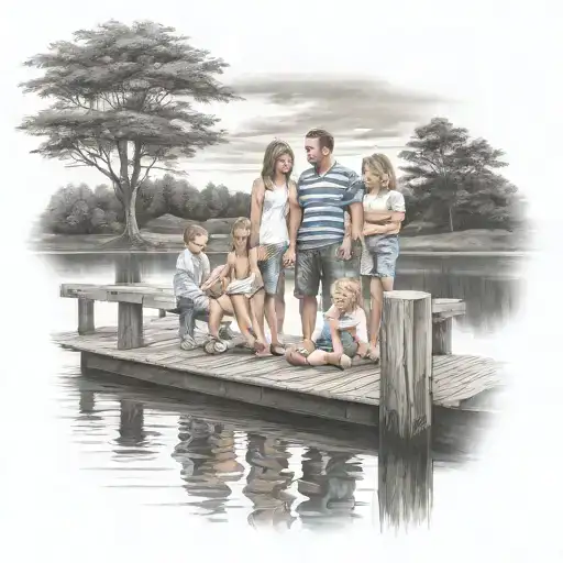 Lake dock with family of 5 two boys and a girl tattoo design idea