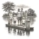Lake dock with family of 5 two boys and a girl tattoo design idea