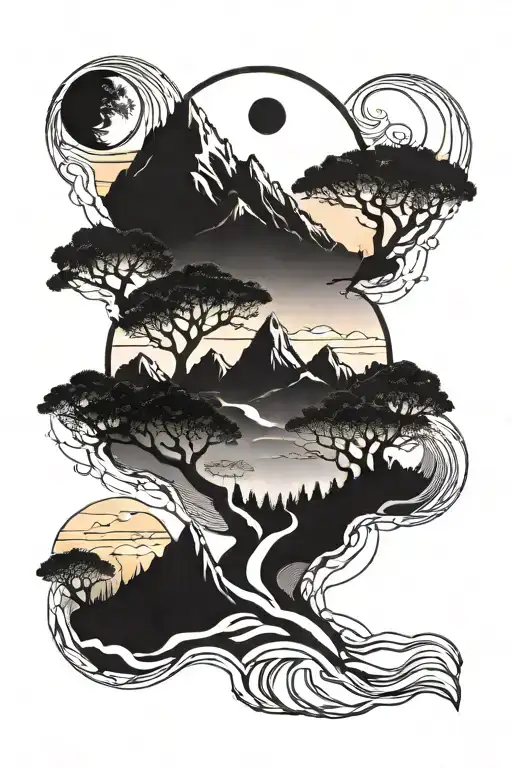 mountain range with sunset infinity symbol world tree road tattoo design idea