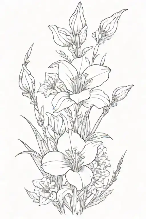 poppy snowdrop gladiolus larkspur flower bouquet wrapped tattoo design idea