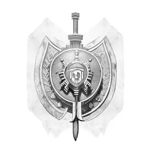 Roman shield and sword with the text 'vivamus moriendum est' tattoo design idea