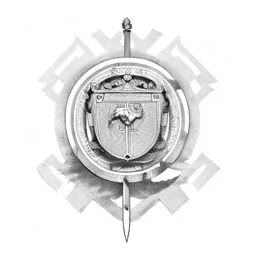 Black and Grey "Roman Shield And Sword With The Text..." Tattoo Idea