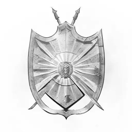 Black and Grey "Roman Shield And Sword With The Text..." Tattoo Idea