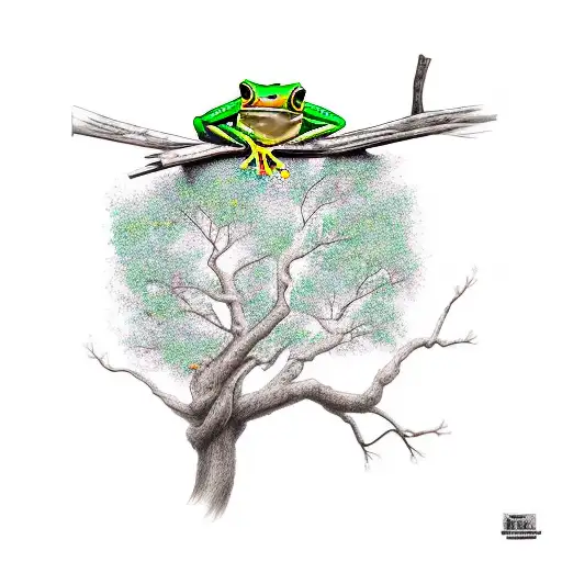 dead tree with tree frog tattoo design idea