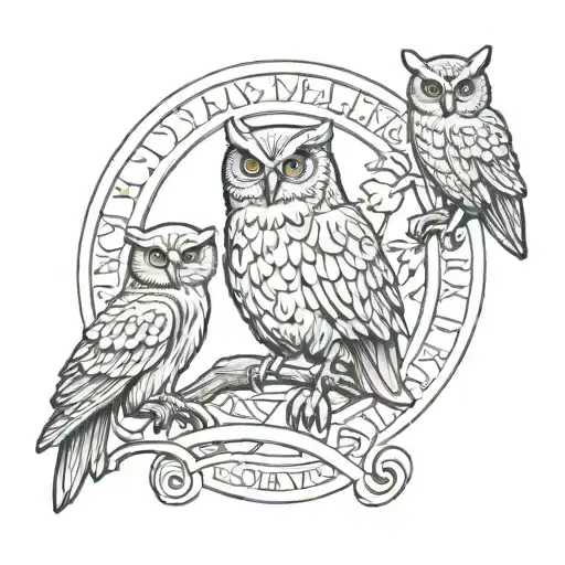 hephaestus and owl with a roman rune for persistence tattoo design idea