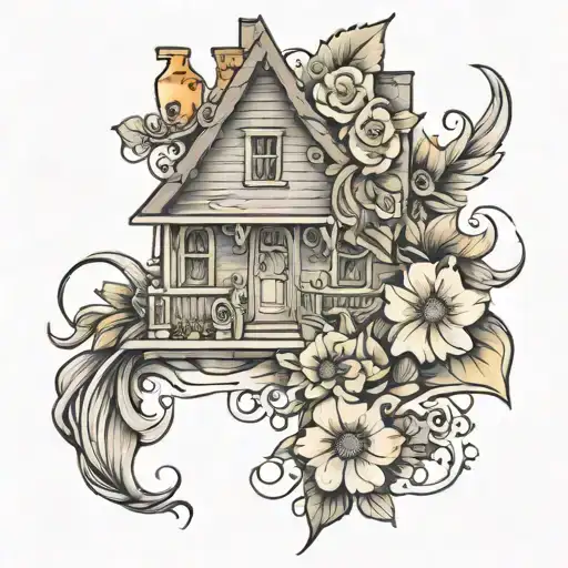 cottagecore flash black and grey shading tattoo design idea
