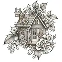 cottagecore flash black and grey shading tattoo design idea
