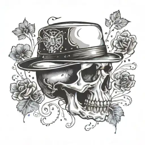 An intricate skull wearing a postal worker's hat surrounded by dog paw prints tattoo design idea