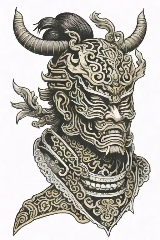 korean traditional armor face wearing dokkaebi mask tattoo design idea