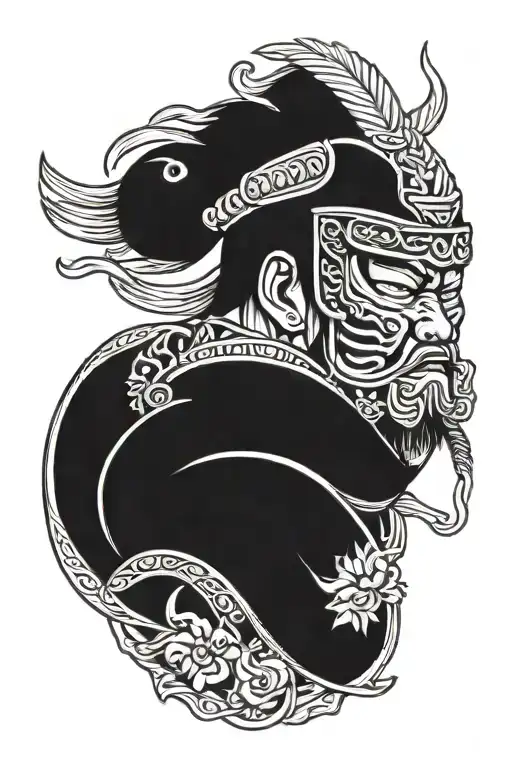 korean traditional armor face wearing dokkaebi mask full body tattoo design idea