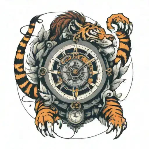 tiger with a compass and clock between granny tattoo design idea