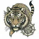tiger with a compass and clock between granny tattoo design idea