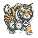 tiger with a compass and clock between granny tattoo design idea