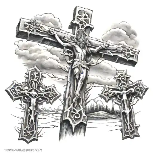 Tres cruces con crucificados en el monte calavera con sol y tres cuervos en el cielo tattoo design idea