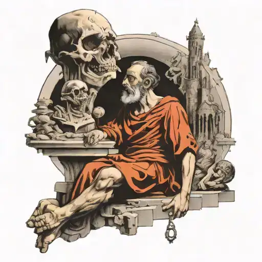 The philosopher in his classic pose looking over famous characters and scenes from dantes inferno sleeve tattoo tattoo design idea
