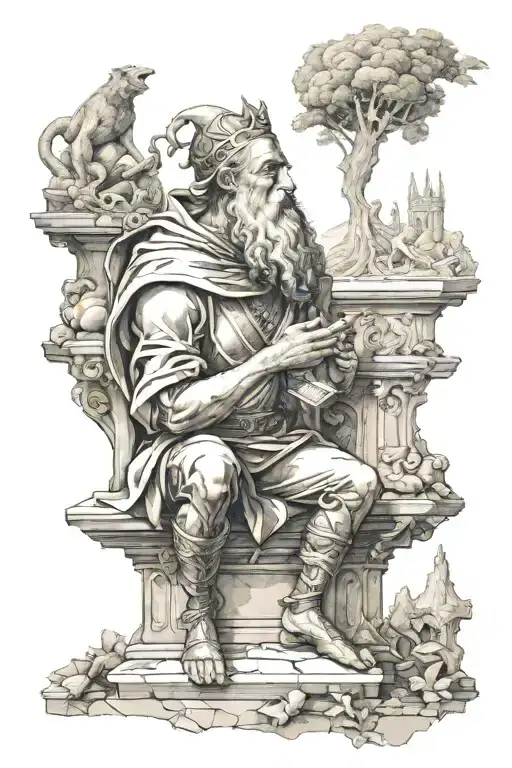 The philosopher in his classic pose looking over famous characters and scenes from dantes inferno below him tattoo design idea