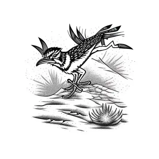 A roadrunner sprinting through a desert landscape filled with blooming cacti tattoo design idea