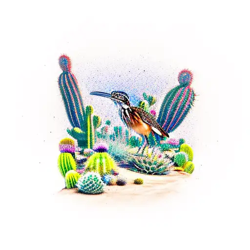 A roadrunner sprinting through a desert landscape filled with blooming cacti tattoo design idea