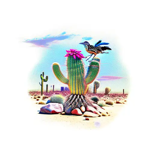 A roadrunner sprinting through a desert landscape filled with blooming cacti tattoo design idea