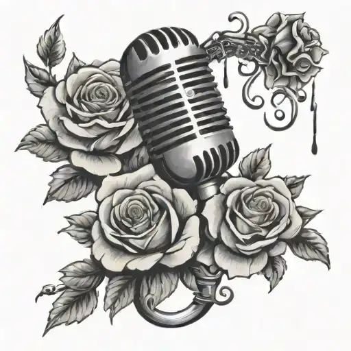 microphone and roses surrounding tattoo design idea