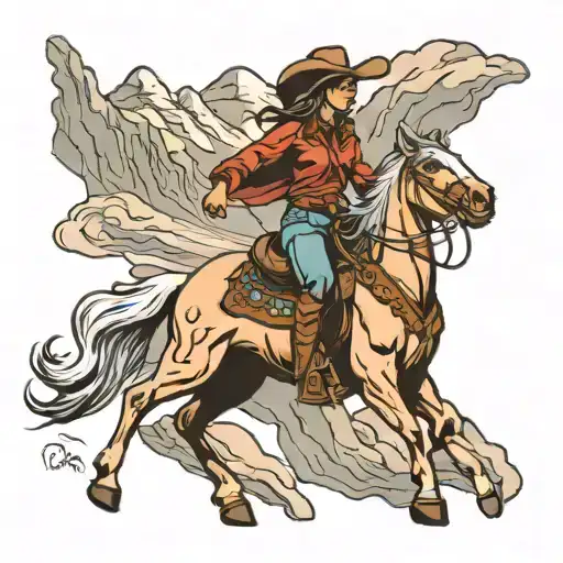 Cowgirl riding a horse in the mountains   tattoo design idea