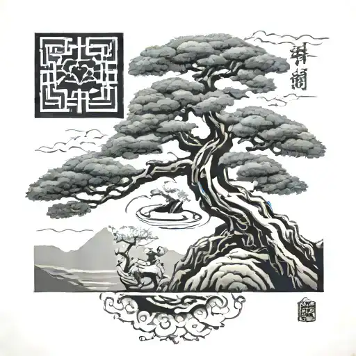 bonsai tree, loyalty, family, birds, sun tattoo design idea
