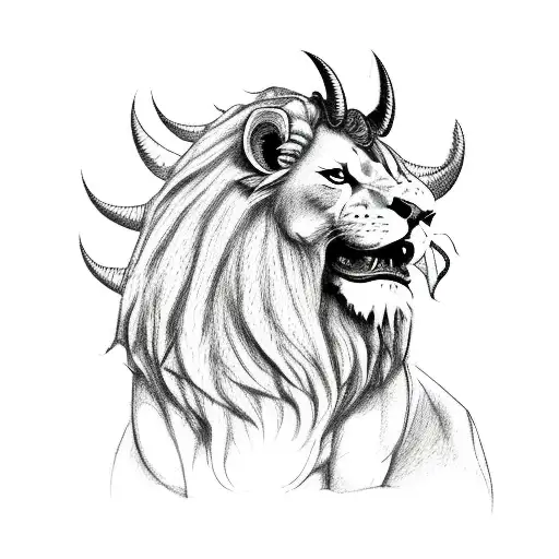 horned lion with wings standing on a rock roaring with its paw on a warrior tattoo design idea