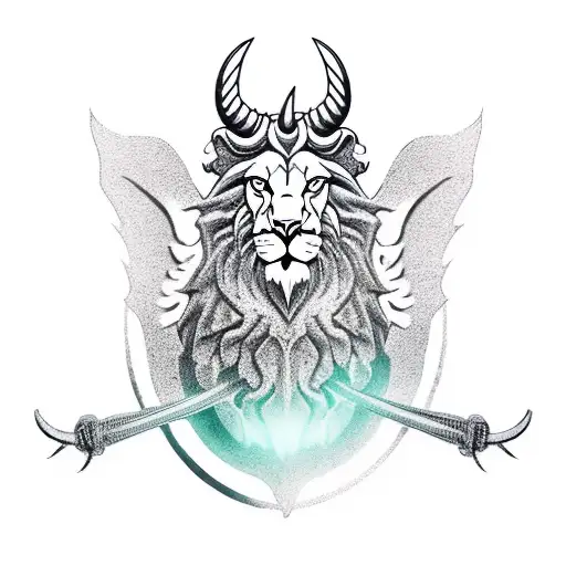 horned lion with wings standing on a rock roaring with its paw on a warrior tattoo design idea