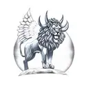 horned lion with wings standing on a rock roaring with its paw on a warrior tattoo design idea