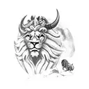 horned lion with wings standing on a rock roaring with its paw on a warrior tattoo design idea