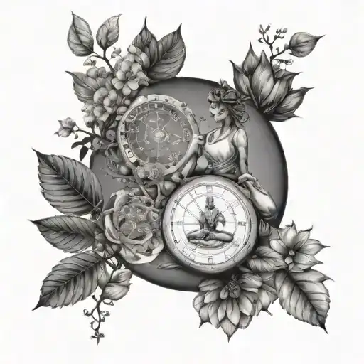 A tattoo design of a peaceful meditation scene with a person in a yoga pose, surrounded by elements of nature and symbols of balance and understanding, including a stopwatch to symbolize the importance of mindfulness and living in the present moment, in dotwork style tattoo design idea