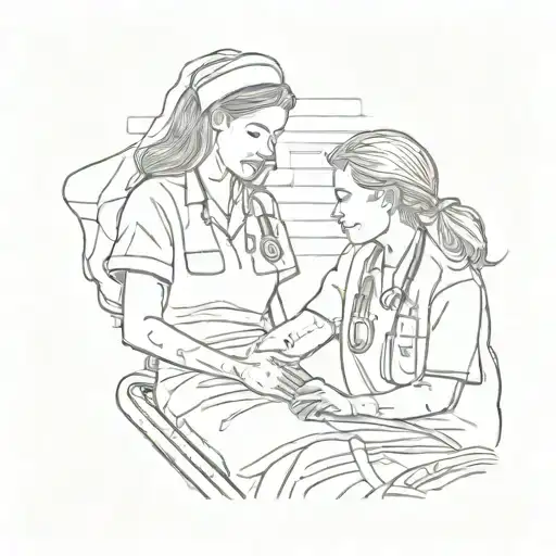 A tattoo design of a nurse helping a patient in an emergency room setting, showcasing the client's dedication to helping others and promoting understanding and compassion, in sketch style tattoo design idea