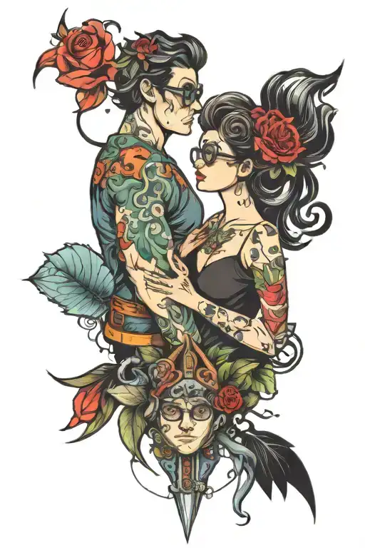 nerdy Couple tattoo that becomes a full image when holding hands tattoo design idea