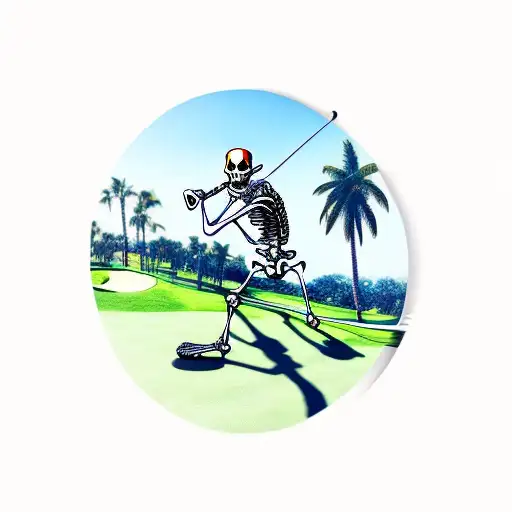 skeleton playing golf with palm trees  tattoo design idea