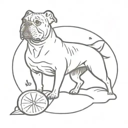 An American Bully dog playing in the sand with a red cardinal perched on its back, surrounded by tropical fruits tattoo design idea