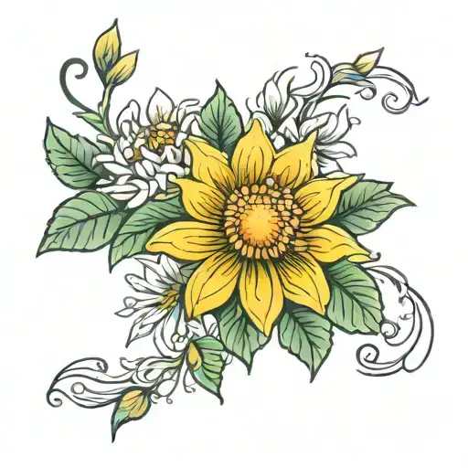 cartoon flowers - chrysanthemum, jasmine, daisy tattoo design idea
