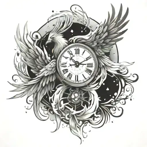 phoenix rising with baby phoenix.  Galaxy background. Sophia goddess of wisdom incorporated. Clock too.  tattoo design idea