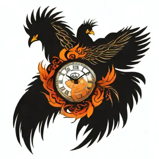 phoenix rising with baby phoenix.  Galaxy background. Sophia goddess of wisdom incorporated. Clock too.  tattoo design idea